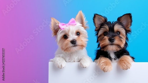 Two Adorable Puppies Holding Blank Sign