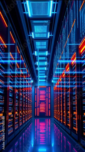 Futuristic data center with vibrant neon lights illuminating rows of servers and cables