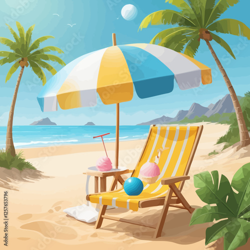 A vibrant summer beach scene featuring a colorful umbrella and a lounge chair on sandy shores under bright sunshine, ideal for vacation and travel concepts.