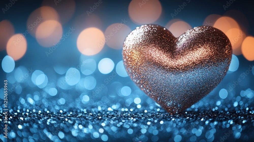 Fototapeta premium Sparkling heart-shaped decoration shining in soft blue and orange lights during a romantic celebration at night