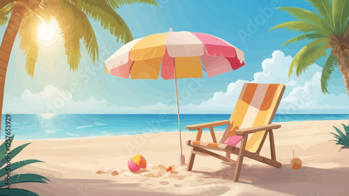 A vibrant summer beach scene featuring a colorful umbrella and a lounge chair on sandy shores under bright sunshine, ideal for vacation and travel concepts.