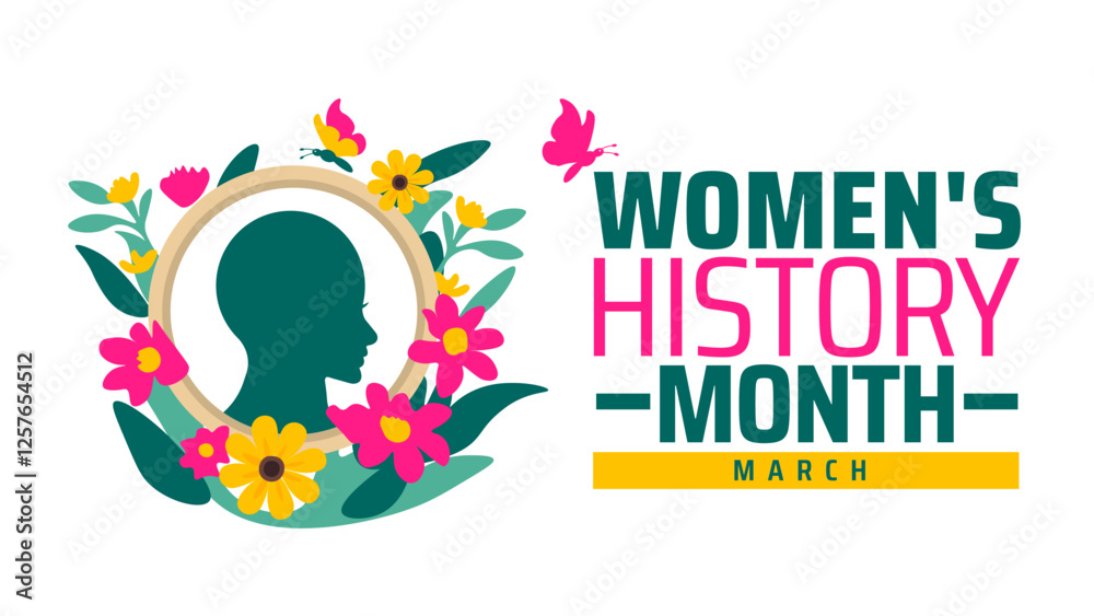 Fototapeta premium Women's History Month background banner or poster design template with women sign and flower. observed every year in March. Holiday concept. Use to any Template, card, poster, placard, template.