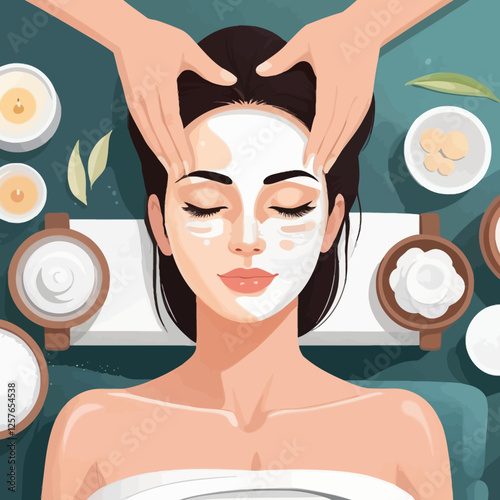 A soothing facial spa session with a nourishing white mask and natural skincare creams, promoting relaxation, skin rejuvenation, and overall wellness.
