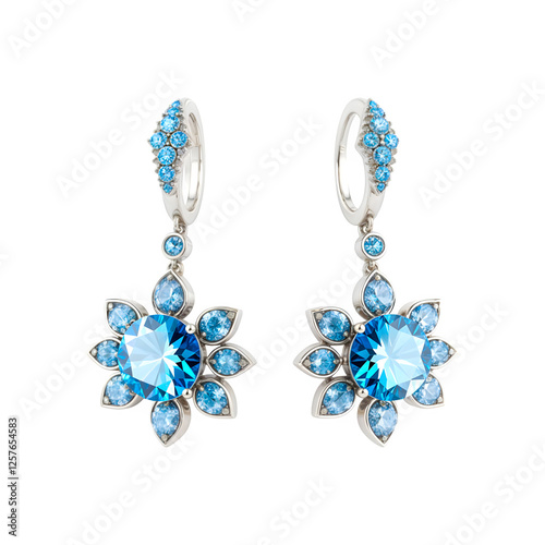 Silver earrings with blue diamonds on transparent background. Silver earrings with topaz, sapphir ​​png. Jewelry and gemstones photo