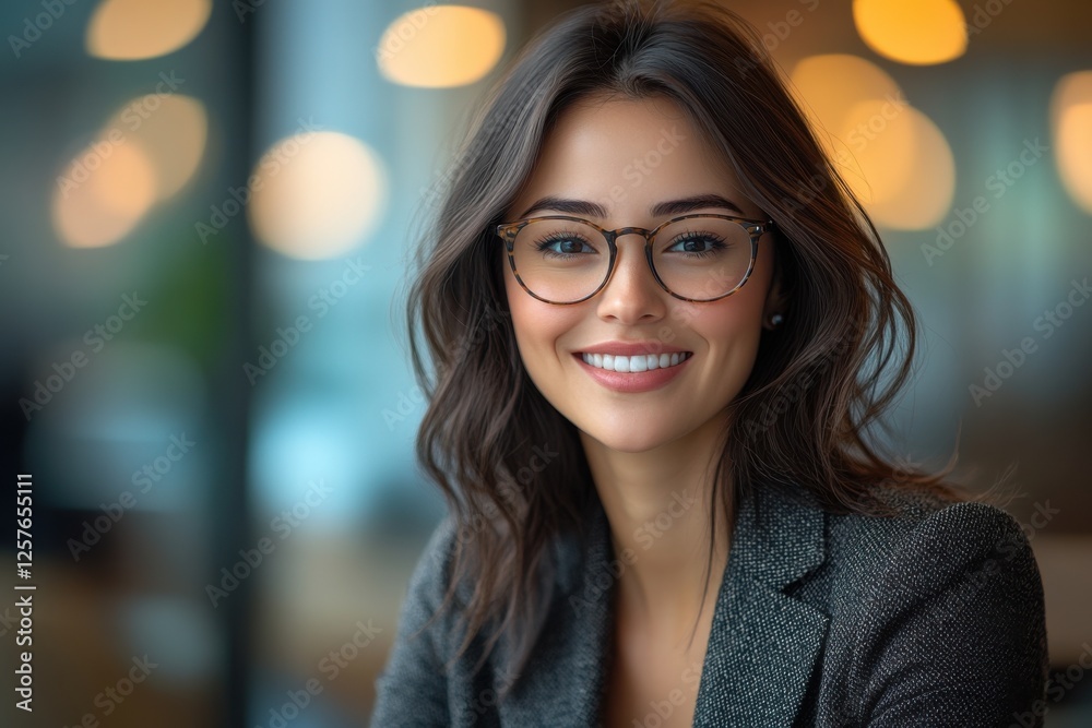 Obraz premium Woman with glasses smiling confidently in a modern office setting during the day with blurred background lights