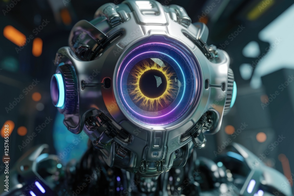Fototapeta premium A futuristic robotic eye, gleaming metallic, with vibrant inner light, showcasing advanced technology.