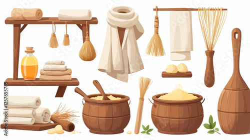Vector illustration of classic sauna accessories including wooden buckets, towels, essential oils, and ladles. Ideal for spa, wellness, and relaxation-themed designs.