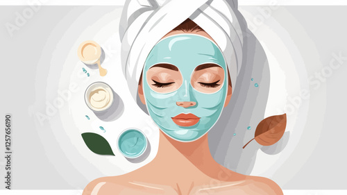 Skincare illustration of a woman with a blue face mask surrounded by natural elements and spa products, promoting wellness, beauty, and facial rejuvenation.