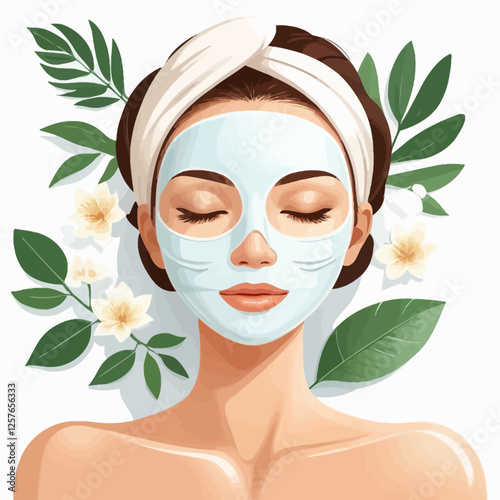 Beauty spa illustration of a woman with a white sheet mask, surrounded by delicate flowers and green leaves, promoting natural skincare and rejuvenation.