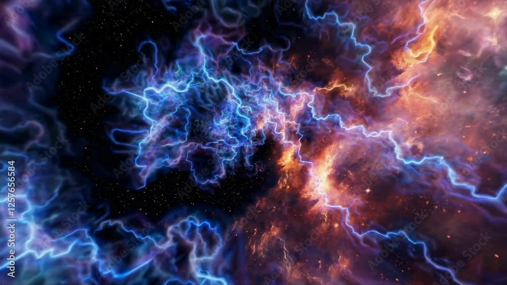 A cosmic video scene with a dynamic, swirling nebula. Captured from a central angle, showcasing vibrant blues and fiery oranges in a mesmerizing style. A cosmic video scene with a dynamic, swirling nebula. Captured from a central angle, showcasing vibrant blues and fiery oranges in a mesmerizing style.