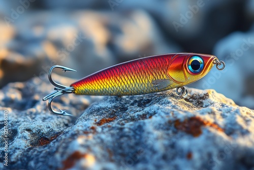 Fishing lure rests on rocky surface with colorful design reflecting sunlight near water at sunset