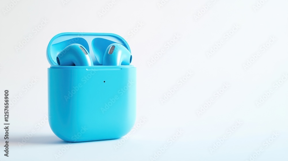 wireless earphones in a blue case, against a white background with studio lighting wireless earphones in a blue case, against a white background with studio lighting