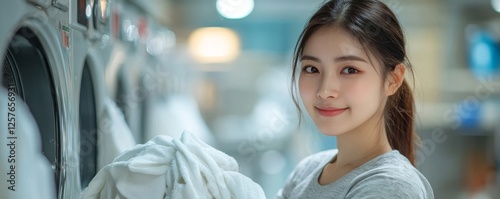 Laundry household work concept, asian woman working on fresh clean clothes