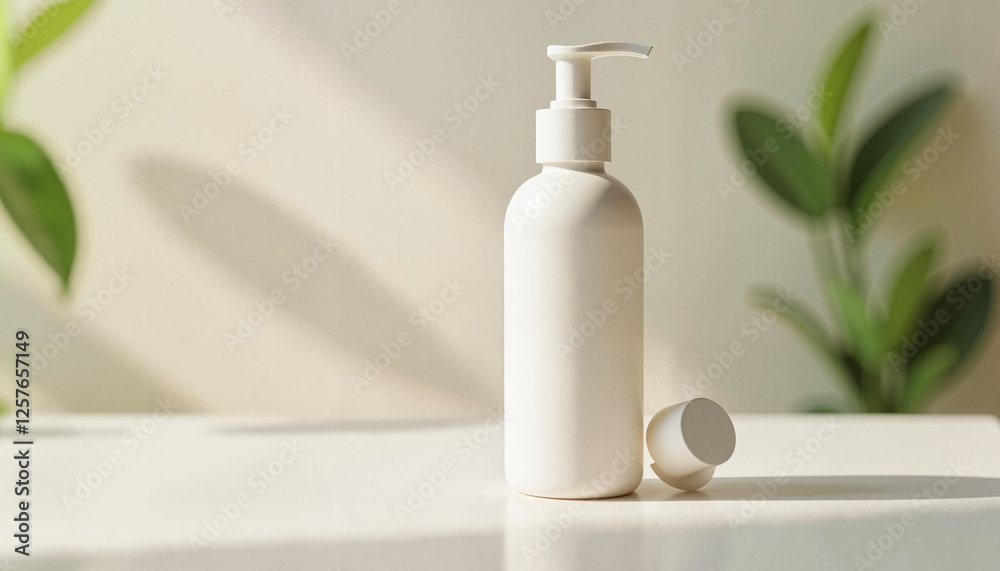 White cosmetic bottle with cap in minimalist setting White cosmetic bottle with cap in minimalist setting