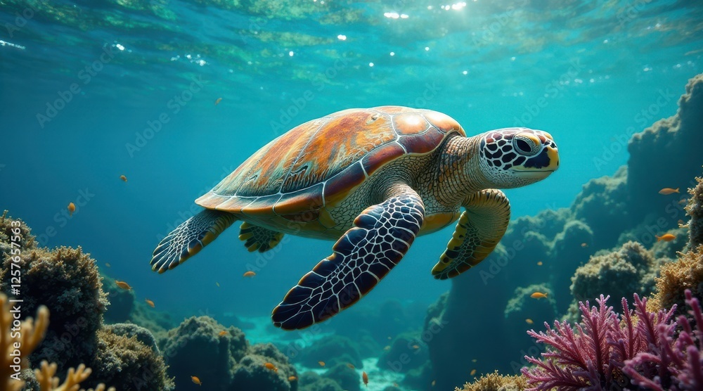 Fototapeta premium A Majestic Sea Turtle Gracefully Navigating a Vibrant Coral Reef Ecosystem