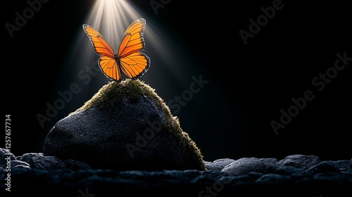A butterfly sitting on top of a rock in the dark
