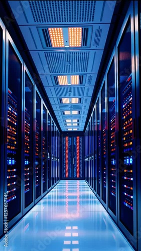 High-tech data center corridor with illuminated server racks and vibrant LED lights, showcasing modern technology