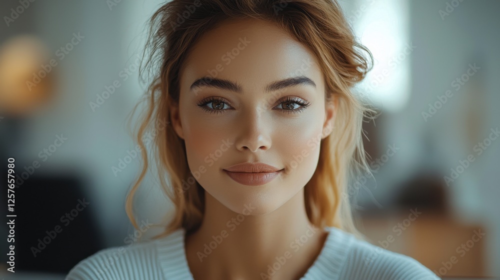 Portrait of a young woman with warm smile indoors, natural light enhancing her features, showcasing beauty and confidence in a cozy setting during the day Portrait of a young woman with warm smile indoors, natural light enhancing her features, showcasing beauty and confidence in a cozy setting during the day