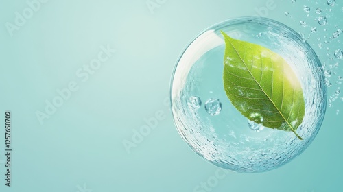 a green leaf and water molecules on a blue background for an eco-friendly product promotion banner with the copy space