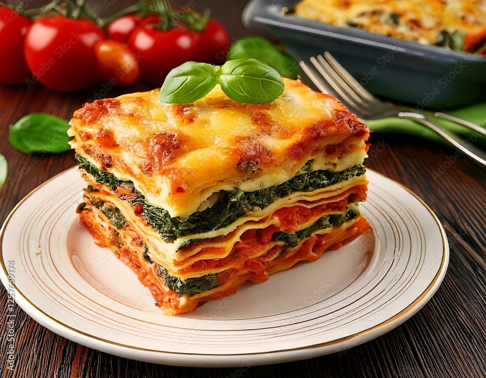 A hearty vegetable lasagna featuring layers of spinach, ricotta cheese, and marinara sauce.
A hearty vegetable lasagna featuring layers of spinach, ricotta cheese, and marinara sauce.