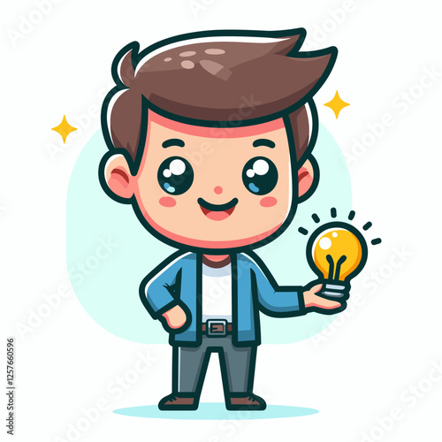 Cute businessman holding a glowing lightbulb