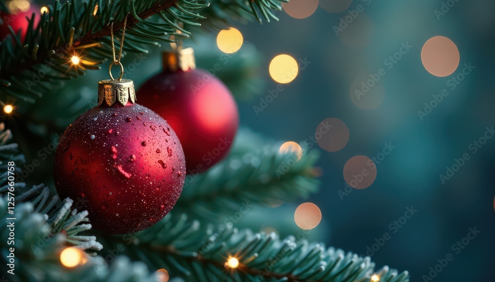 Shiny red baubles and twinkling lights on frosted fir, fir, red ornaments, decor Shiny red baubles and twinkling lights on frosted fir, fir, red ornaments, decor