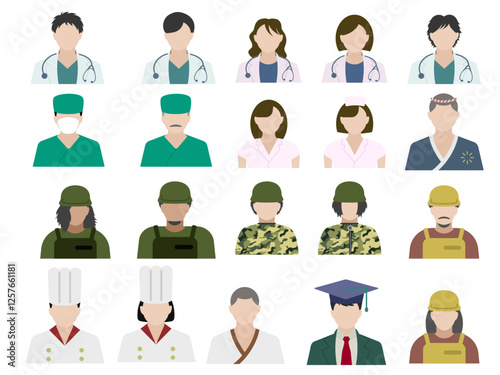 Flat vector icon collection with uniforms for various jobs