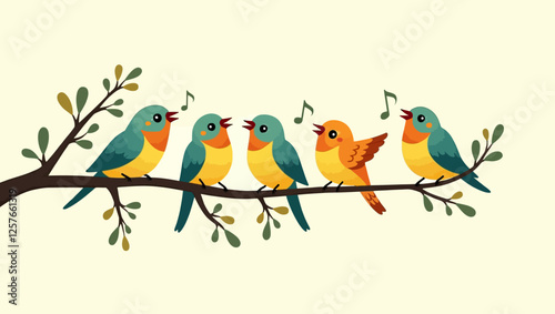 Charming vector illustration of colorful birds singing while perched on a tree branch, perfect for nature themes, children’s books, and decor.