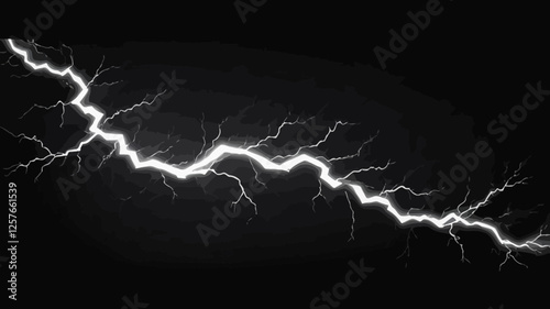 Minimalistic vector illustration of a single, bright lightning strike on a black background, ideal for science, weather, and energy-related themes.