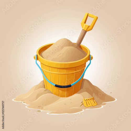 Vibrant vector illustration of a yellow sand bucket filled with sand and a shovel, perfect for beach scenes, summer fun, and kids’ activities.