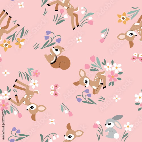 Seamless vector pattern with cute vintage fawn, rabbit and squirrel on floral background. Hand drawn woodland illustration. Perfect for textile, wallpaper or print design. EPS10 vector file.