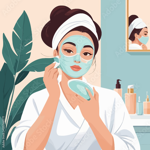 Chic vector illustration of a woman applying a blue facial mask in a bathroom, surrounded by skincare products, promoting self-care and beauty.