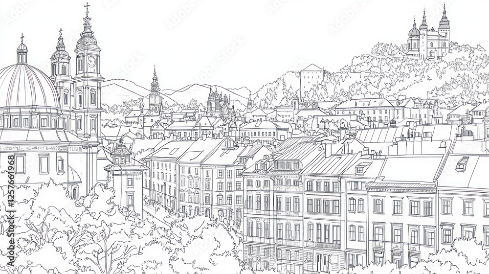 Fototapeta premium Cityscape, hilltop church, European architecture, trees, coloring book