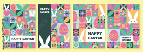 Set of geometric Easter greeting card. Abstract background with bunny, egg and flower. Vector illustration