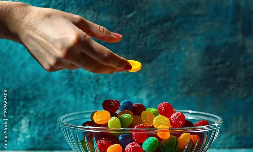 A hand reaches for a glass bowl filled with colorful, vibrant gummy candies.
