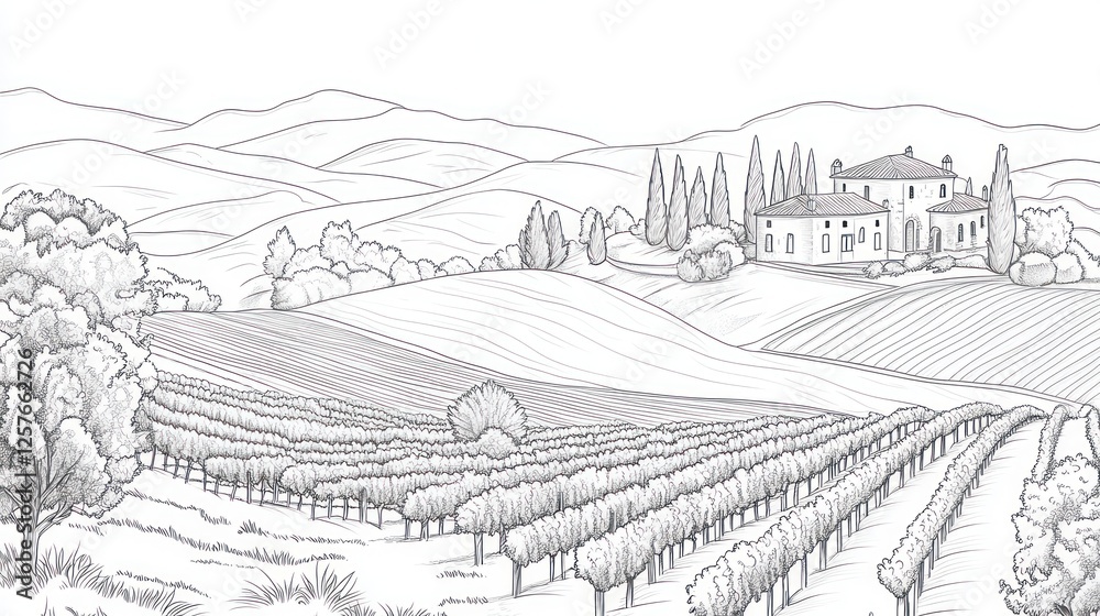 Fototapeta premium Tuscan villa vineyard landscape, rolling hills background; winery brochure