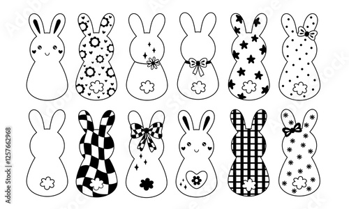 Retro Groovy Easter bunnies clipart set. Happy Easter day. Black and white bunny doodle in cartoon flat style. Hand draw vector illustration