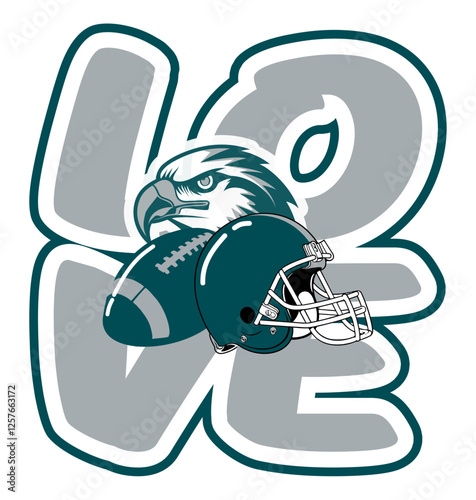 Love with eagle, helmet and ball in silver and midnight green, dynamic football vector design. Bold graffiti lettering typography, street art style, multicolor sports illustration.