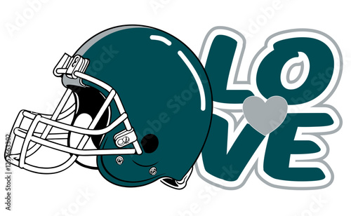 love - silver and midnight Green football player helmet, sport vector graphics, for street art - graffiti lettering typography - art illustration - multicolor - writen	