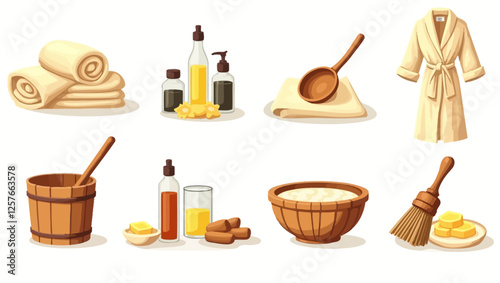 Vector illustration of a relaxing spa setup with rolled towels, essential oils, wooden buckets, and flowers, symbolizing calmness and wellness.