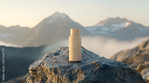 Simple minimalist container on rocky terrain, mountains in the background, with sky in soft morning light.