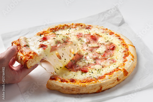 Ham and cheese pizza on white background
