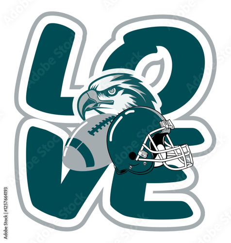 Love with eagle, helmet and ball in silver and midnight green, dynamic football vector design. Bold graffiti lettering typography, street art style, multicolor sports illustration.