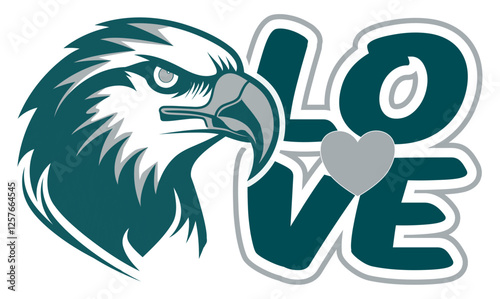 Love with heart and eagle in silver and midnight green, dynamic football vector design. Bold graffiti lettering typography, street art style, multicolor sports illustration.