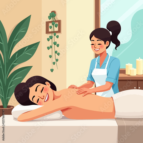 Tranquil vector illustration of a woman receiving a back massage in a spa setting, promoting wellness, relaxation, and self-care.