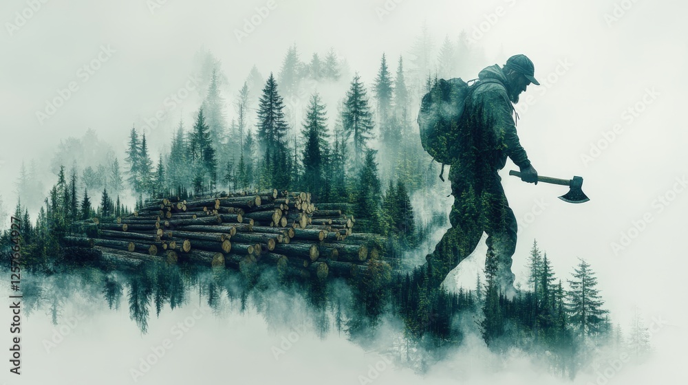 Fototapeta premium Double-exposure artwork showcasing a lumberjack swinging an axe in vibrant forest settings