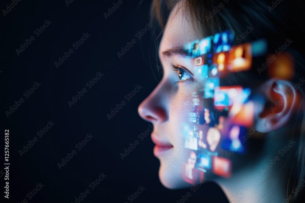 Woman with face projected by digital information Woman with face projected by digital information