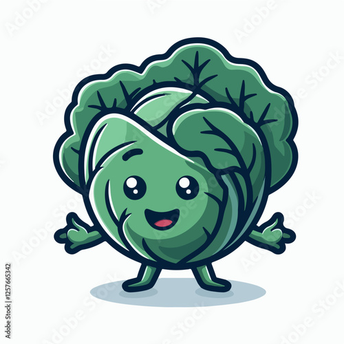 Cabbage Character: A cheerful cartoon cabbage with big eyes and a wide smile, ready to brighten your day. This adorable mascot is perfect for promoting healthy eating, farm-fresh produce.