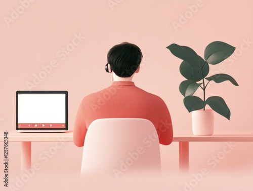 person sitting at desk looking at computer with plant