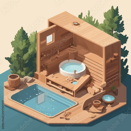 Vector illustration of an outdoor wooden spa with a hot tub and nature backdrop. Ideal for eco-resorts, relaxation, and wellness-themed designs.